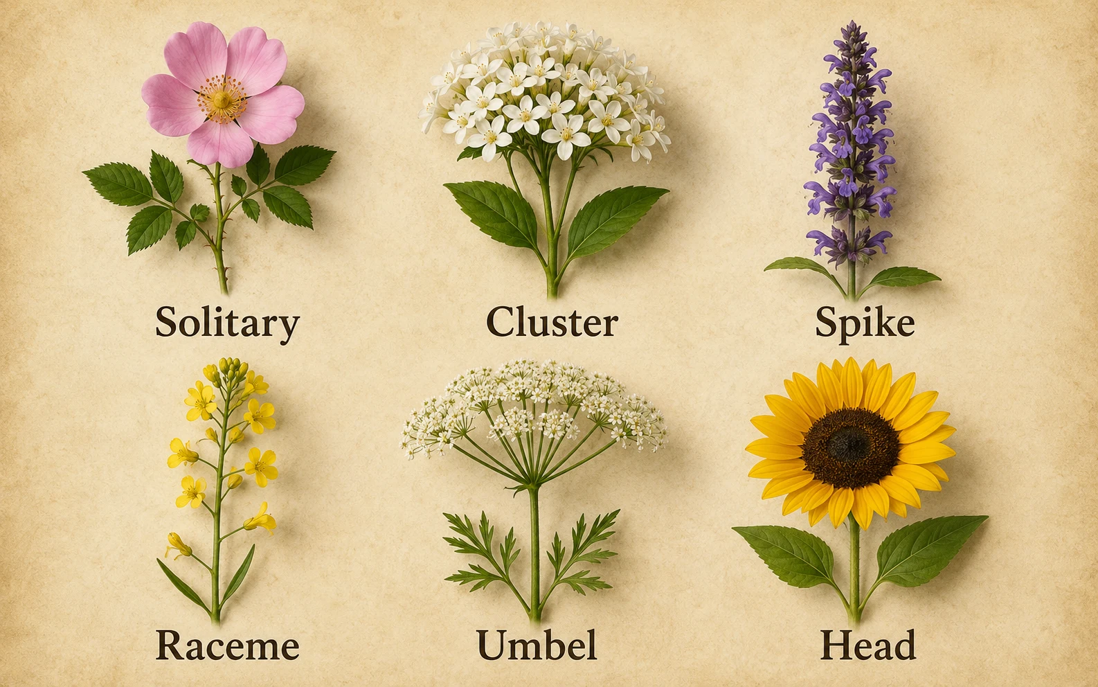 Different ways flowers can be arranged on a plant