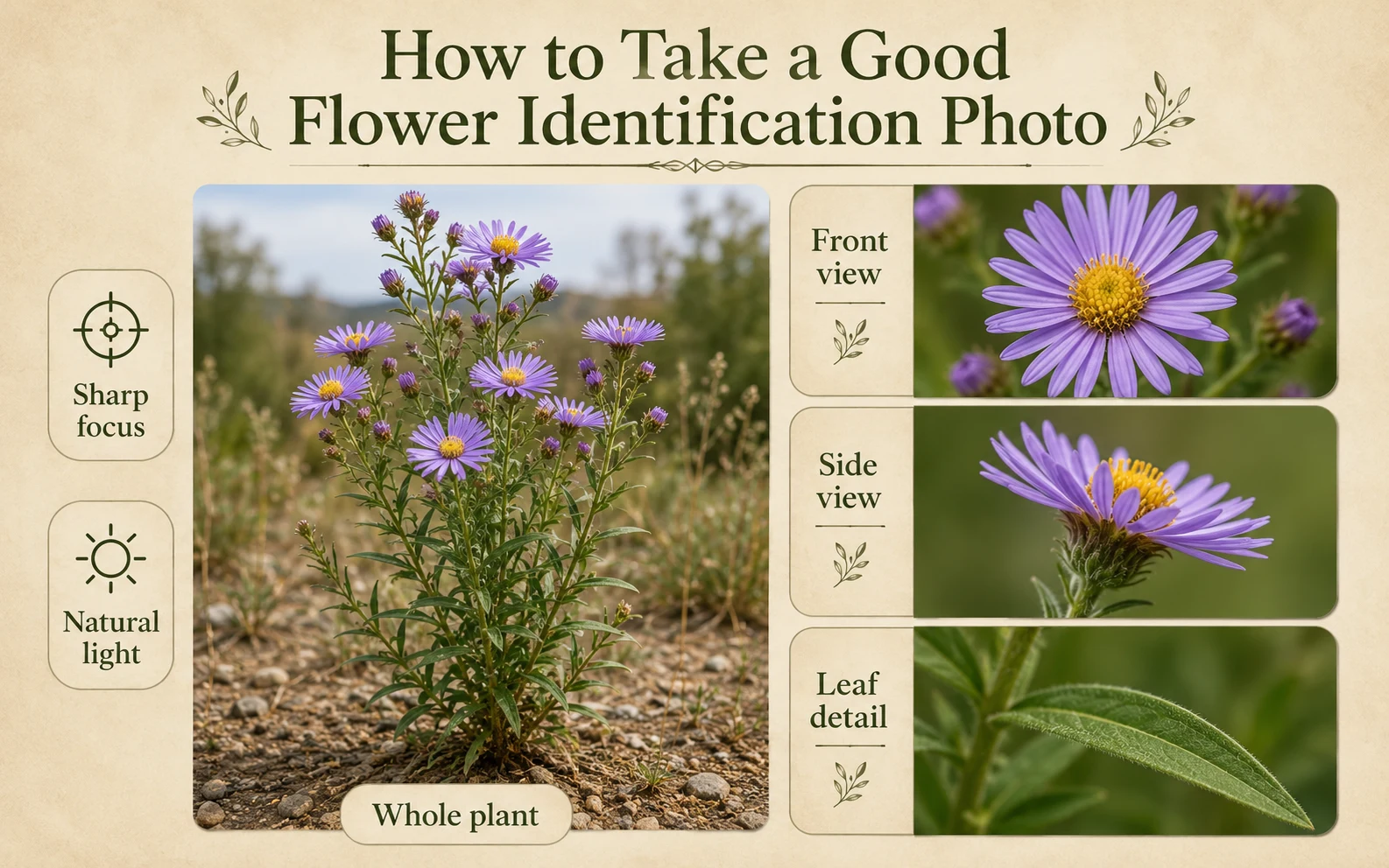 Examples of useful whole-plant and close-up photos for flower identification