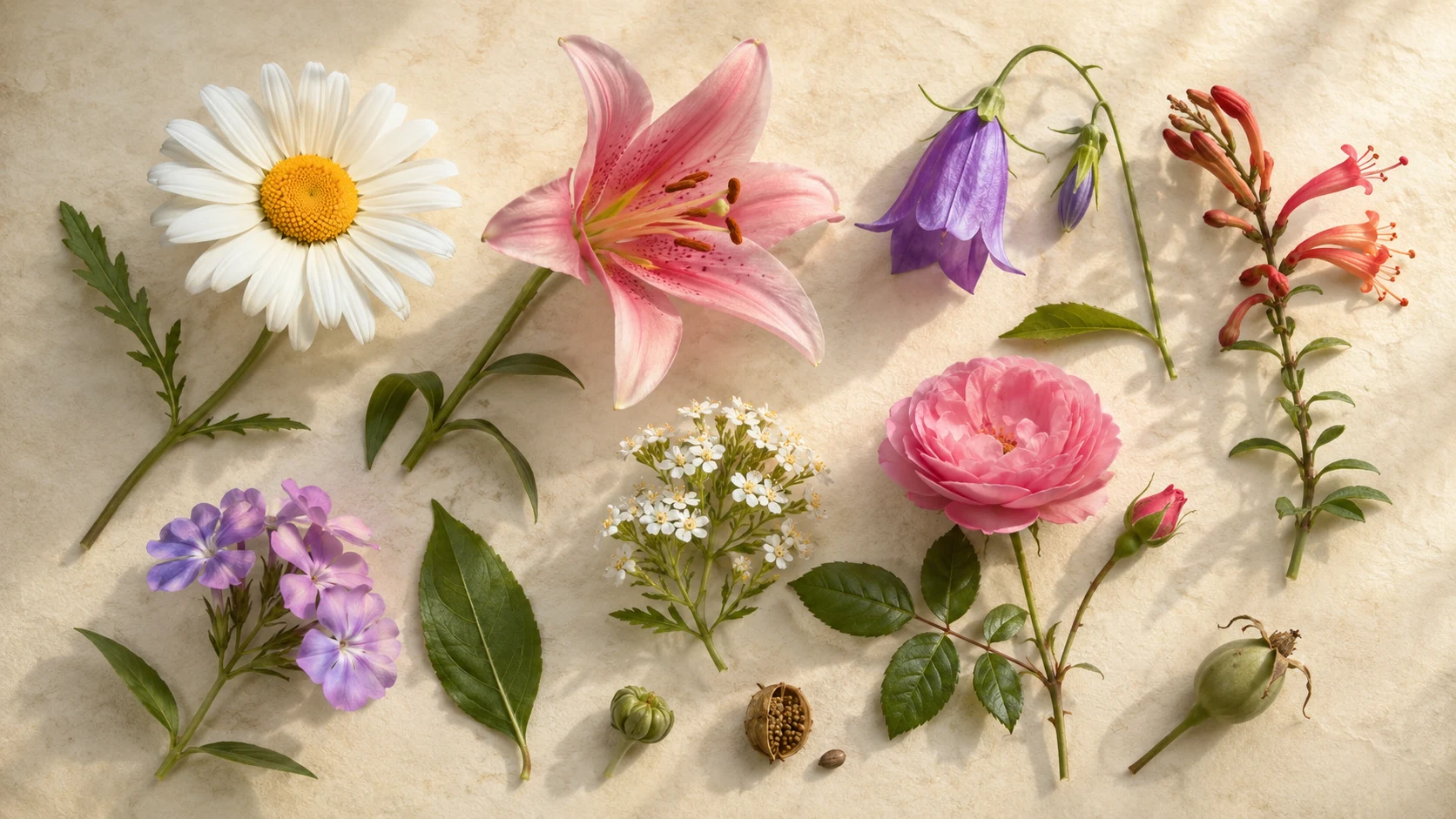 Different flower forms and colors used for flower identification