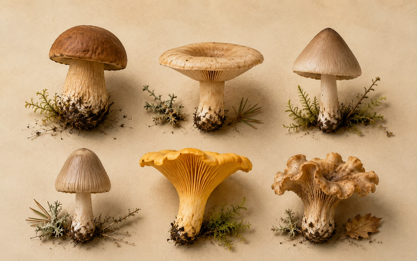 Different mushroom cap shapes and surface textures used for identification