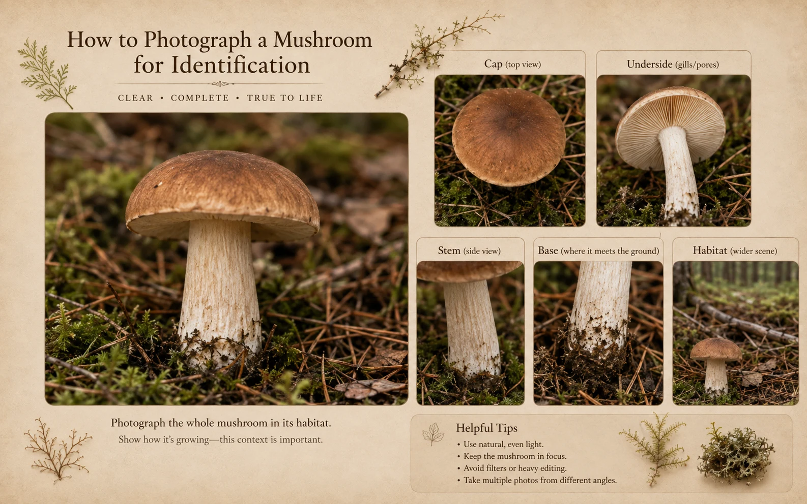 Examples of useful mushroom photographs showing cap, underside, stem, base and habitat