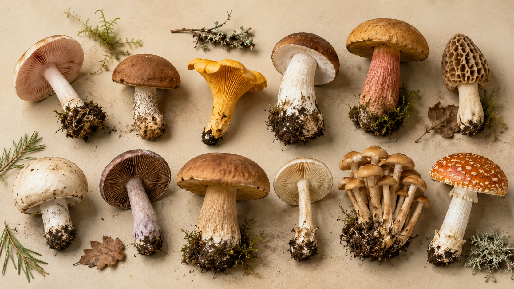 Different mushrooms showing varied caps, stems and underside structures