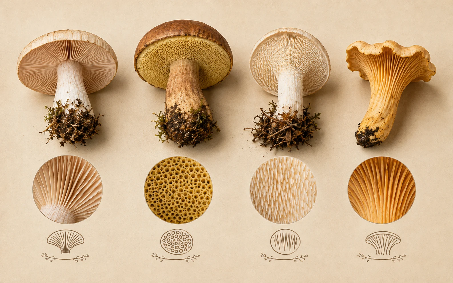 Mushroom undersides showing gills, pores, teeth and ridges