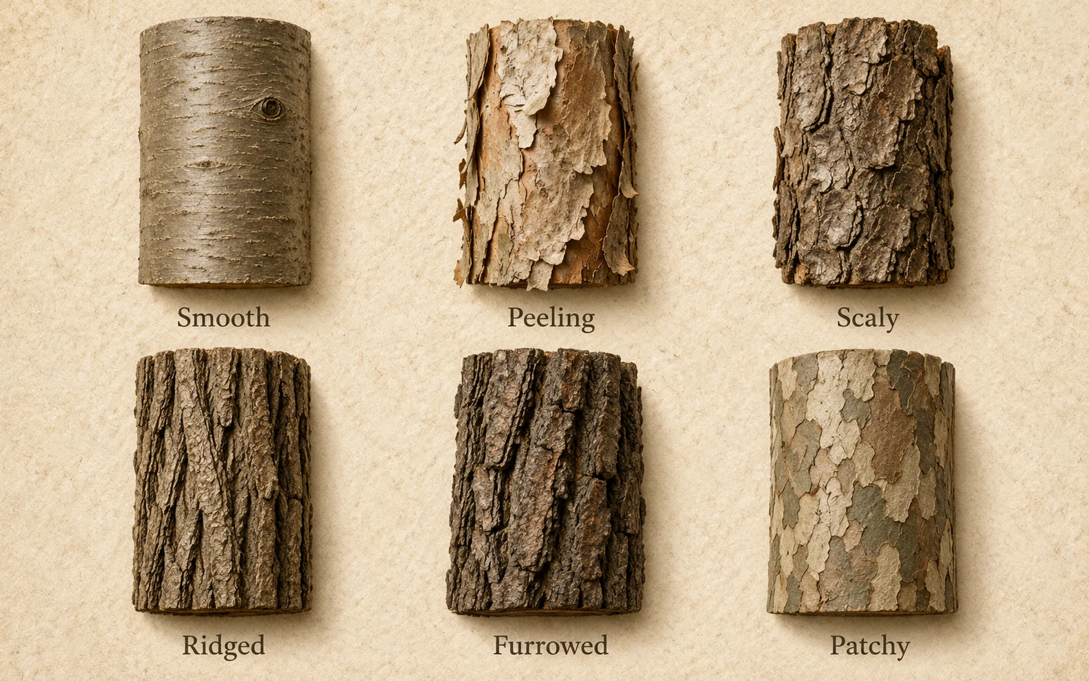 Examples of different bark textures used for tree identification
