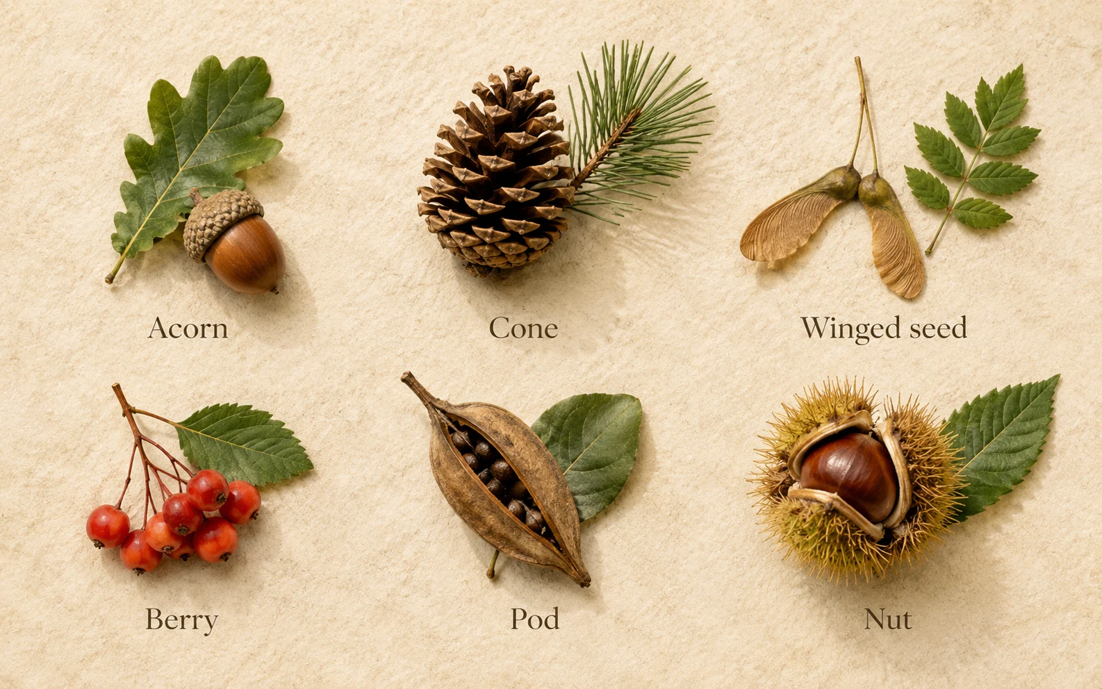 Acorns, berries, winged seeds and cones used for tree identification