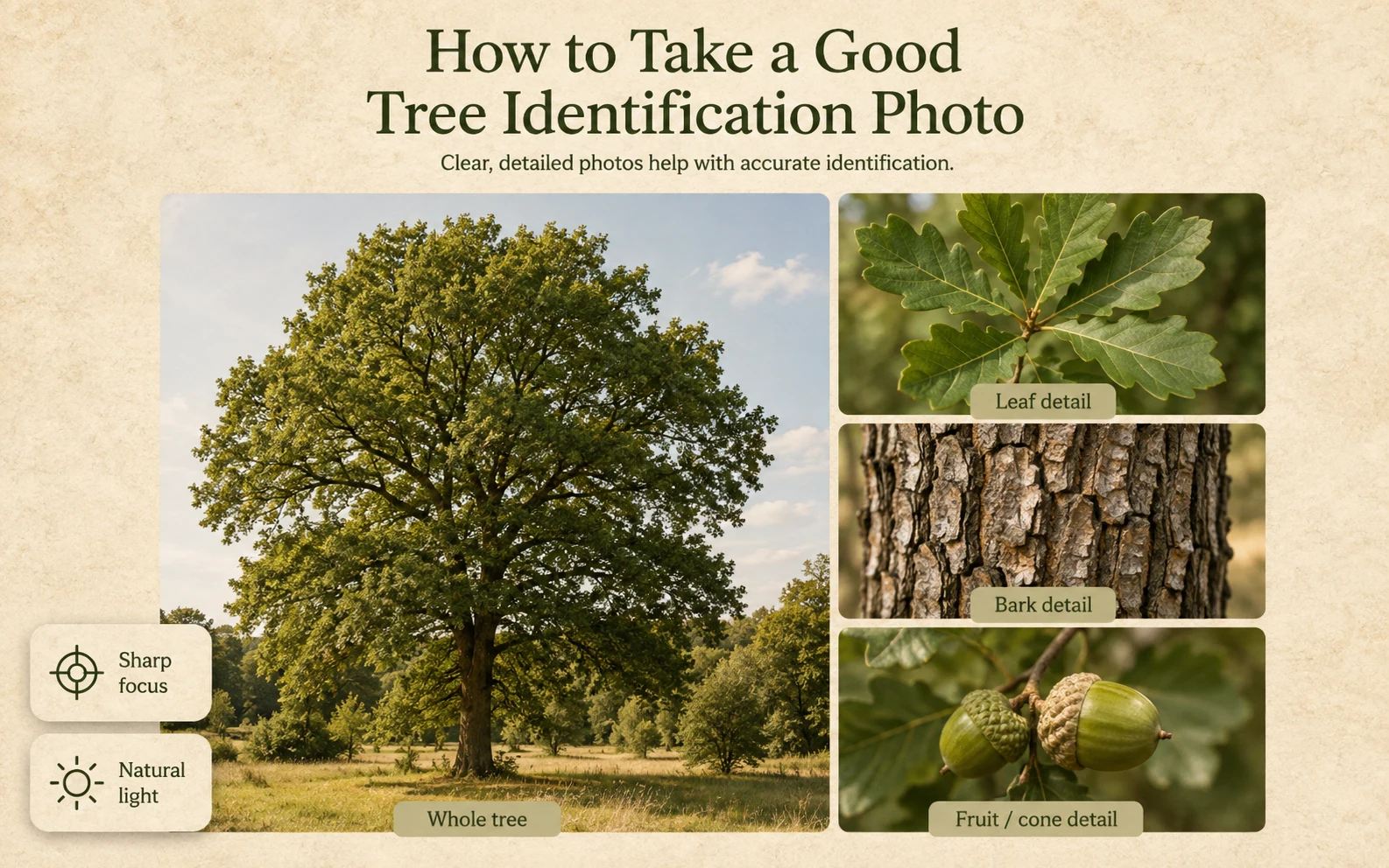 Examples of useful whole-tree, leaf and bark photos for tree identification