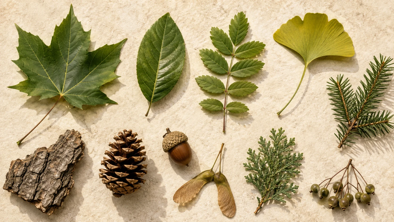Different tree leaves, bark, cones and fruits used for tree identification