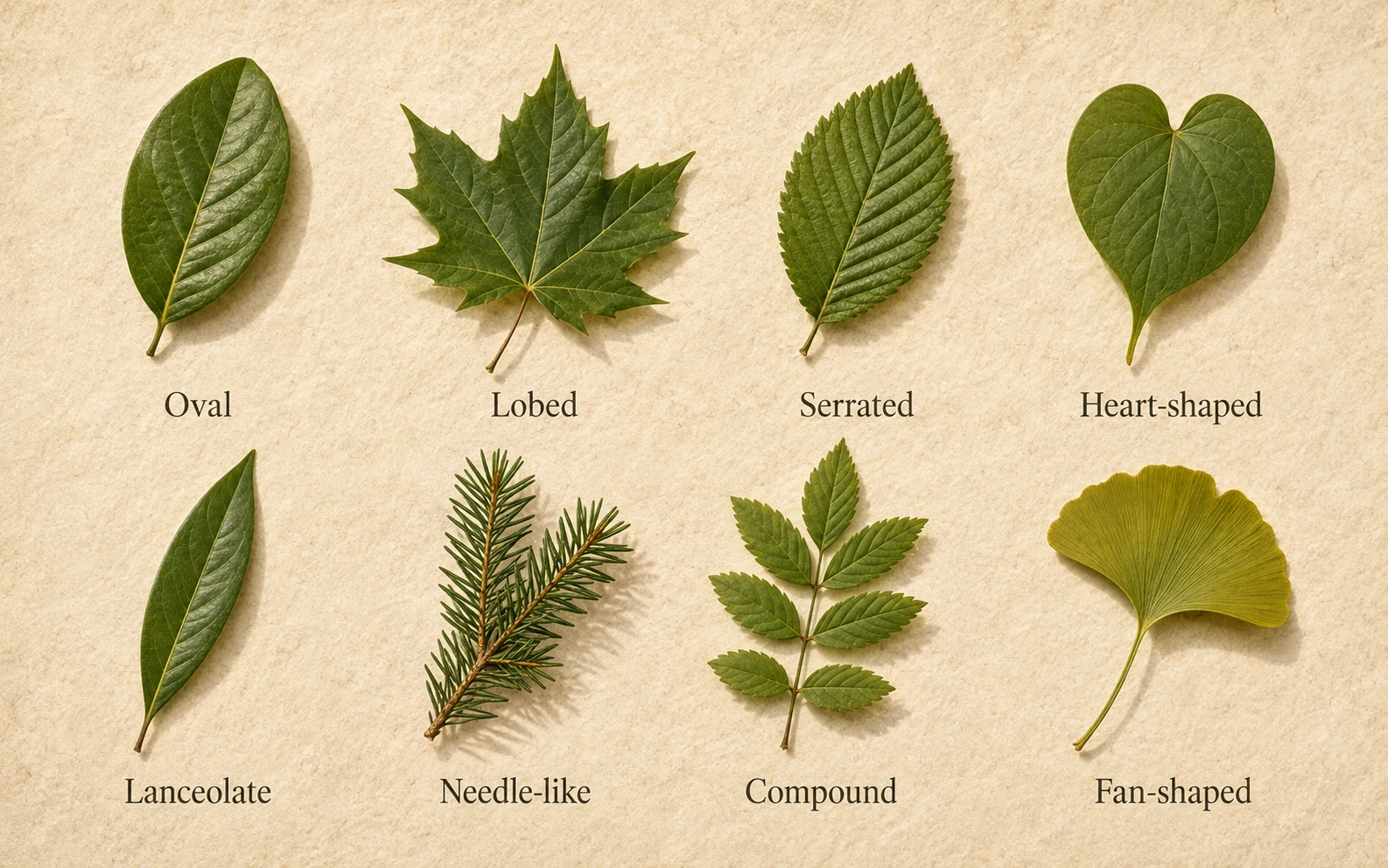 Different tree leaf shapes and arrangements used for identification